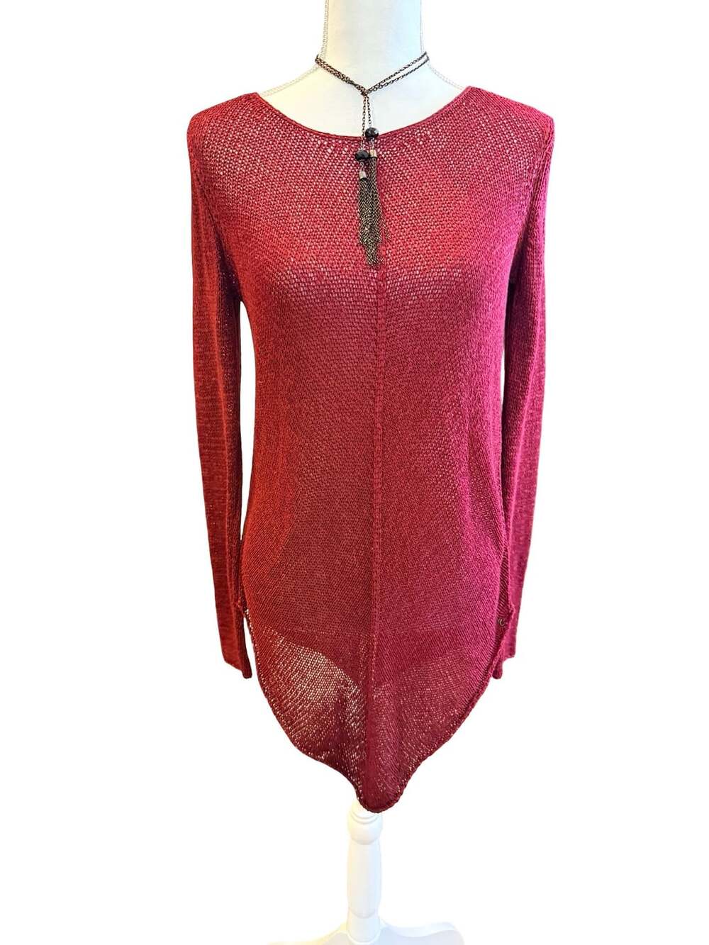 G by Guess Red Long Sleeve Open Knit Tunic Dress Size M